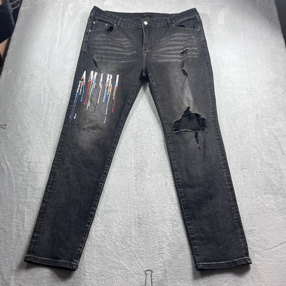 Amiri Mens Distressed Paint Drip Logo Jeans Black Denim Size 40 RN150712